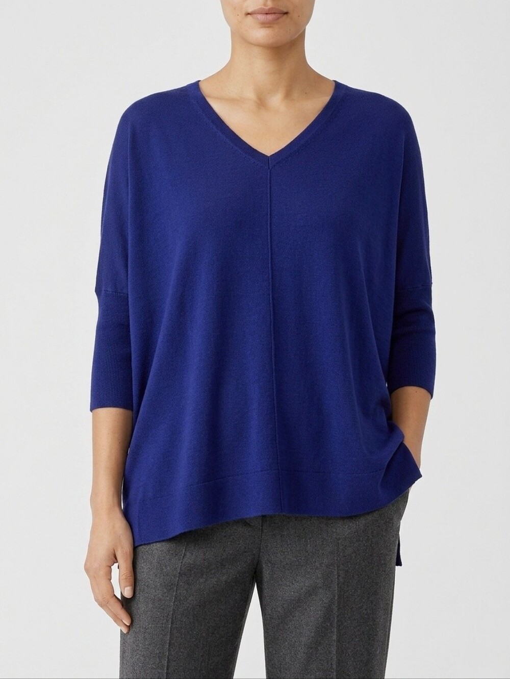 Eileen Fisher Merino Wool Sweater V Neck Boxy Oversized Blue S